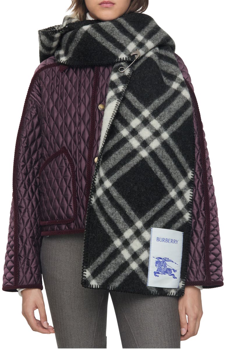 Burberry Hooded Check Wool Scarf, Alternate, color, Black