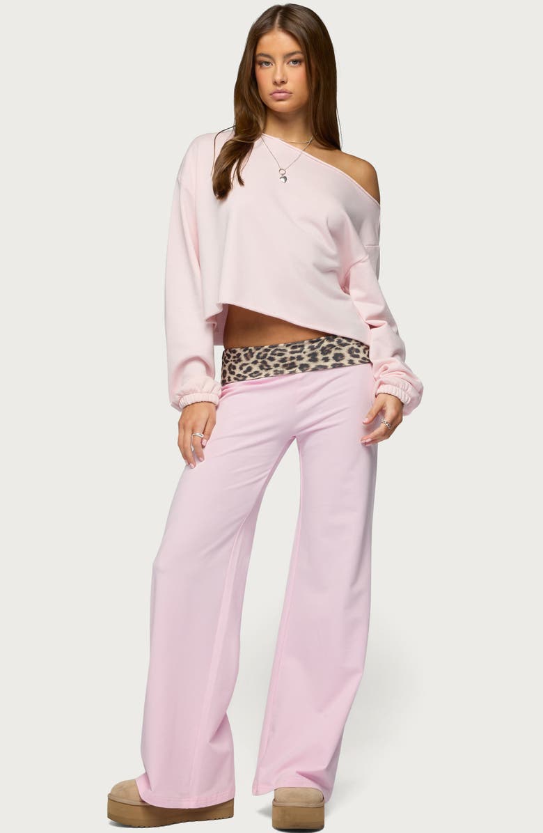 EDIKTED Leopard Print Foldover Waist Wide Leg Pants, Alternate, color, 