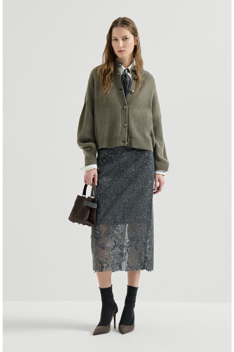 Dazzling lace embroidery pencil skirt in sparkling mohair and wool, Alternate, color, Dark Grey