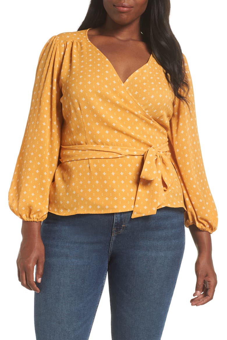 Floral Spot Wrap Top, Alternate, color, YELLOW DOBBY MOTIF