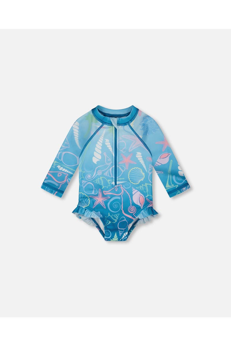 One-Piece Long Sleeve Shell Print Rashguard, Main, color, Blue Seashell Print