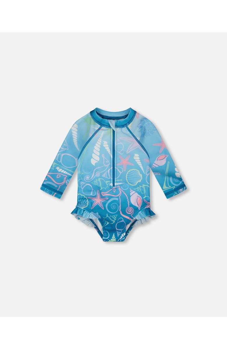 Deux par Deux One-Piece Long Sleeve Shell Print Rashguard, Main, color, Blue Seashell Print
