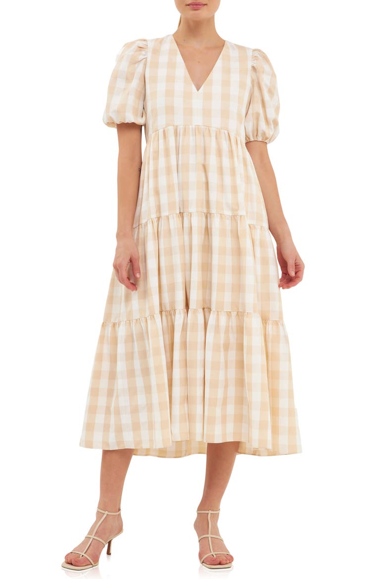 Gingham Tiered Puff Sleeve Dress, Main, color, TAUPE