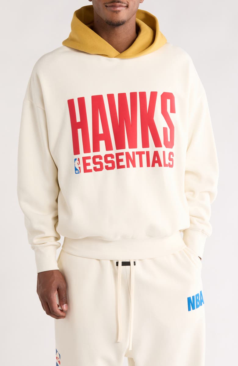 Fear of God Essentials x NBA Atlanta Hawks Sports Fit Cotton Blend Hoodie, Main, color, Cream White/ Canyon