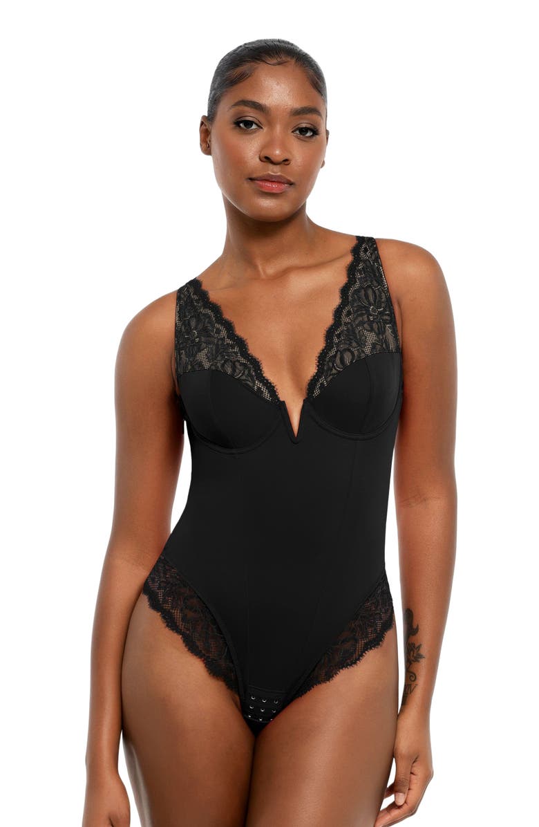 Popilush Shapewear Deep V-Neck Sculpting Lace Inset Bodysuit, Main, color, Midnight Black