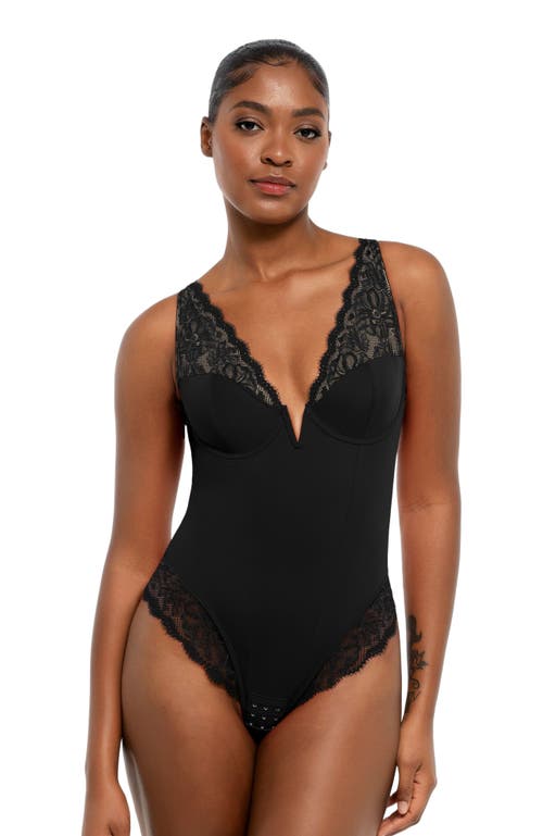 Popilush Shapewear Deep V-Neck Sculpting Lace Inset Bodysuit in Midnight Black at Nordstrom, Size Small