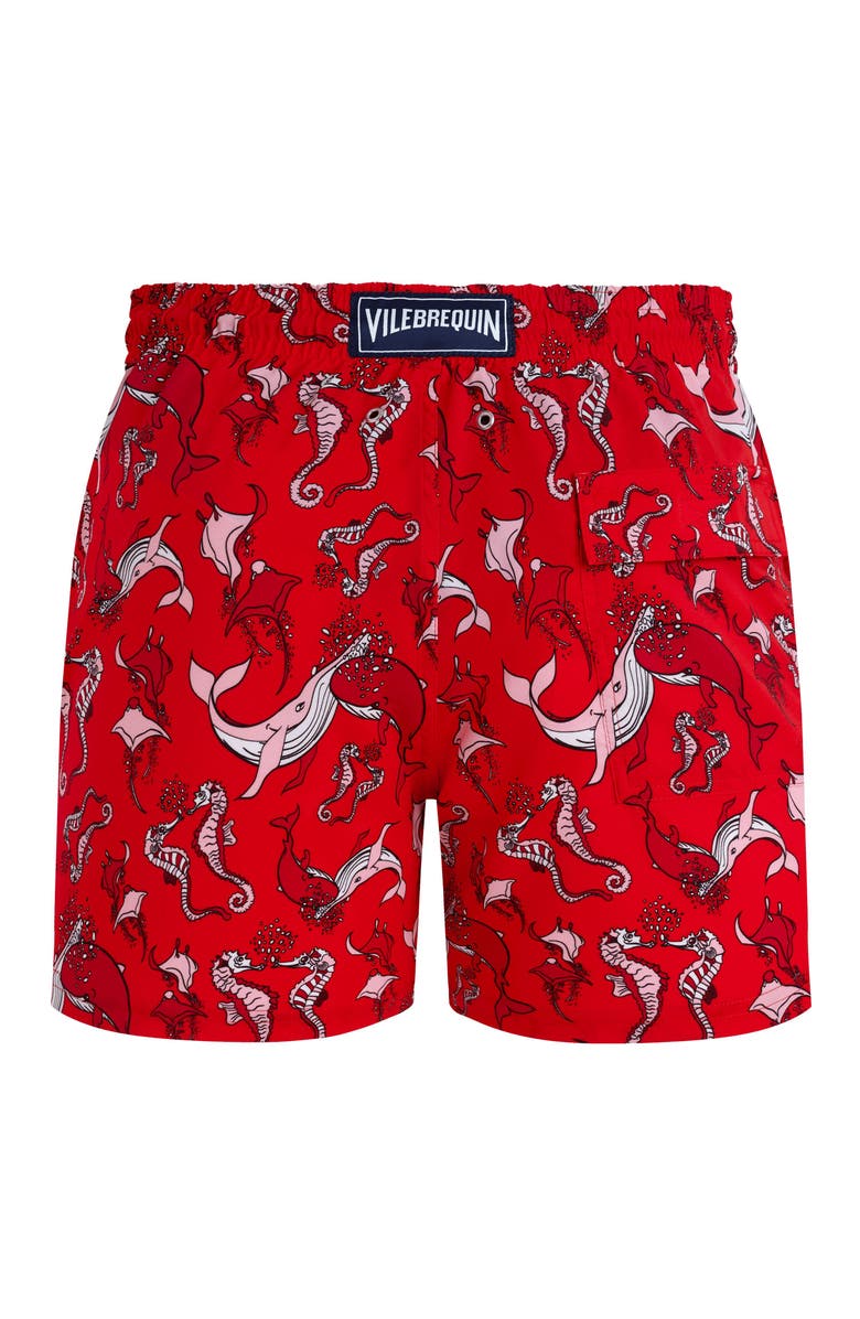 Vilebrequin Men Stretch Short Swim Shorts Whales love, Alternate, color, Poppy Red