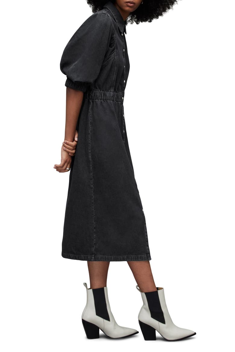 Osa Puff Sleeve Denim Midi Shirtdress, Alternate, color, WASHED BLACK