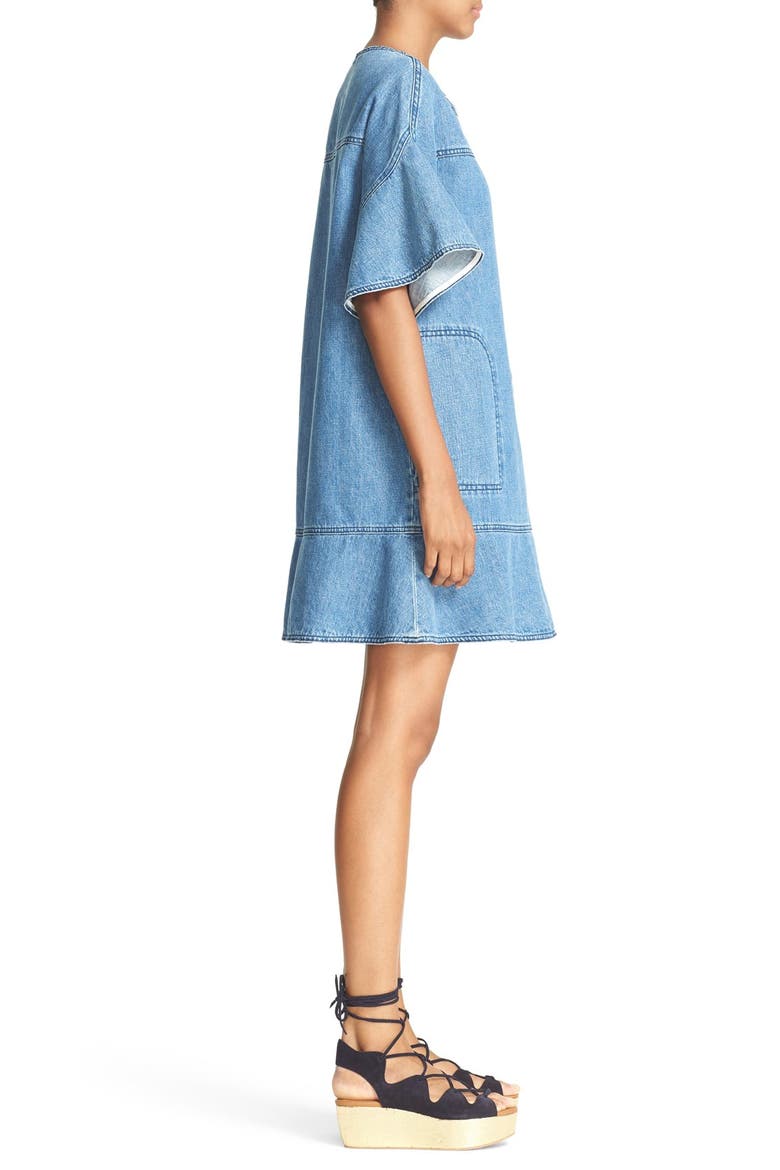 Ruffle Sleeve Denim Dress, Alternate, color, WASHED INDIGO