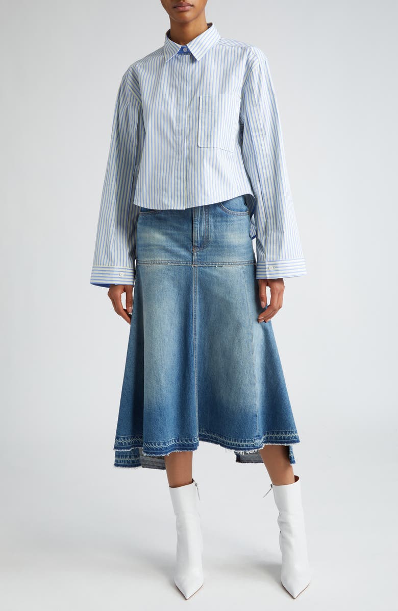 Victoria Beckham Stripe Crop High-Low Organic Cotton Button-Up Shirt, Alternate, color,