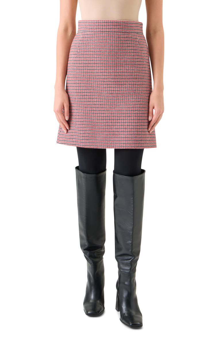 Houndstooth Check Virgin Wool Skirt, Main, color, BLACK-VERMILLION-CREAM