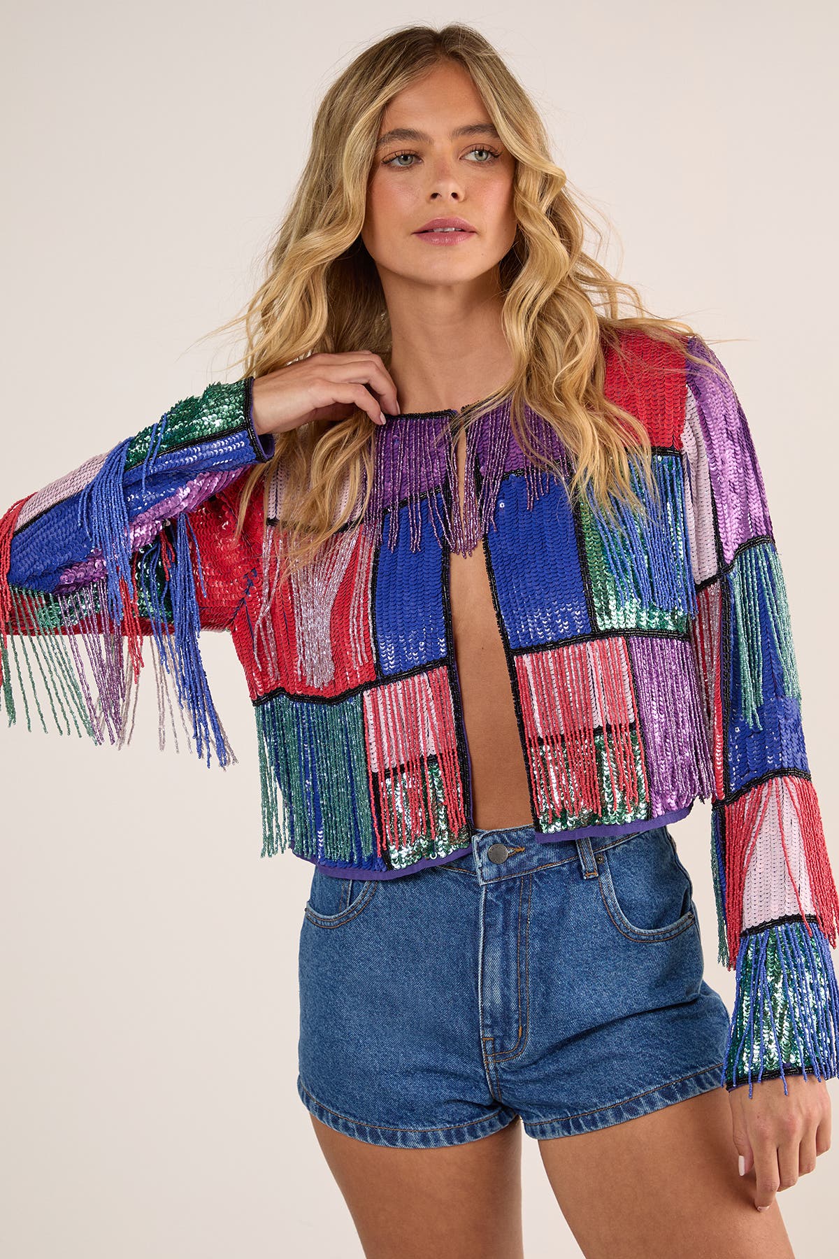Colour Block Check Tassel Sequin Jacket