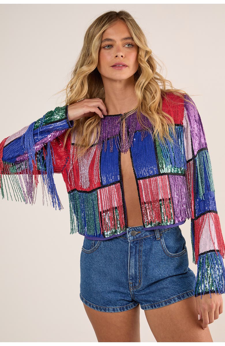 NASTY GAL Colour Block Check Tassel Sequin Jacket, Main, color, Multi