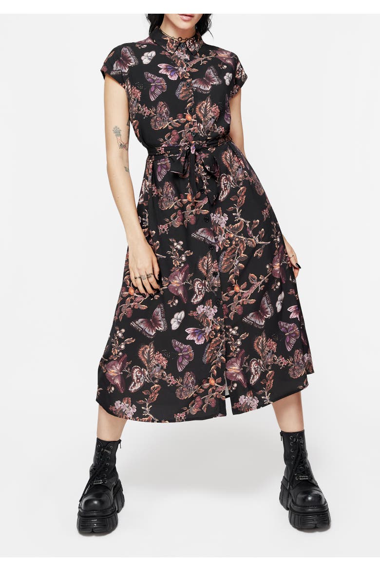 Eloise Floral Butterfly Print Midi Dress, Alternate, color, Purple
