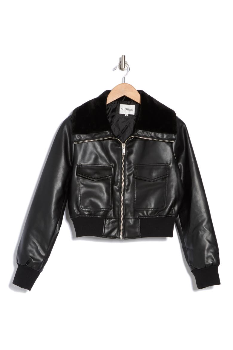Faux Fur Collared Faux Leather Dad Bomber Jacket, Alternate, color, BLACK/ BLACK
