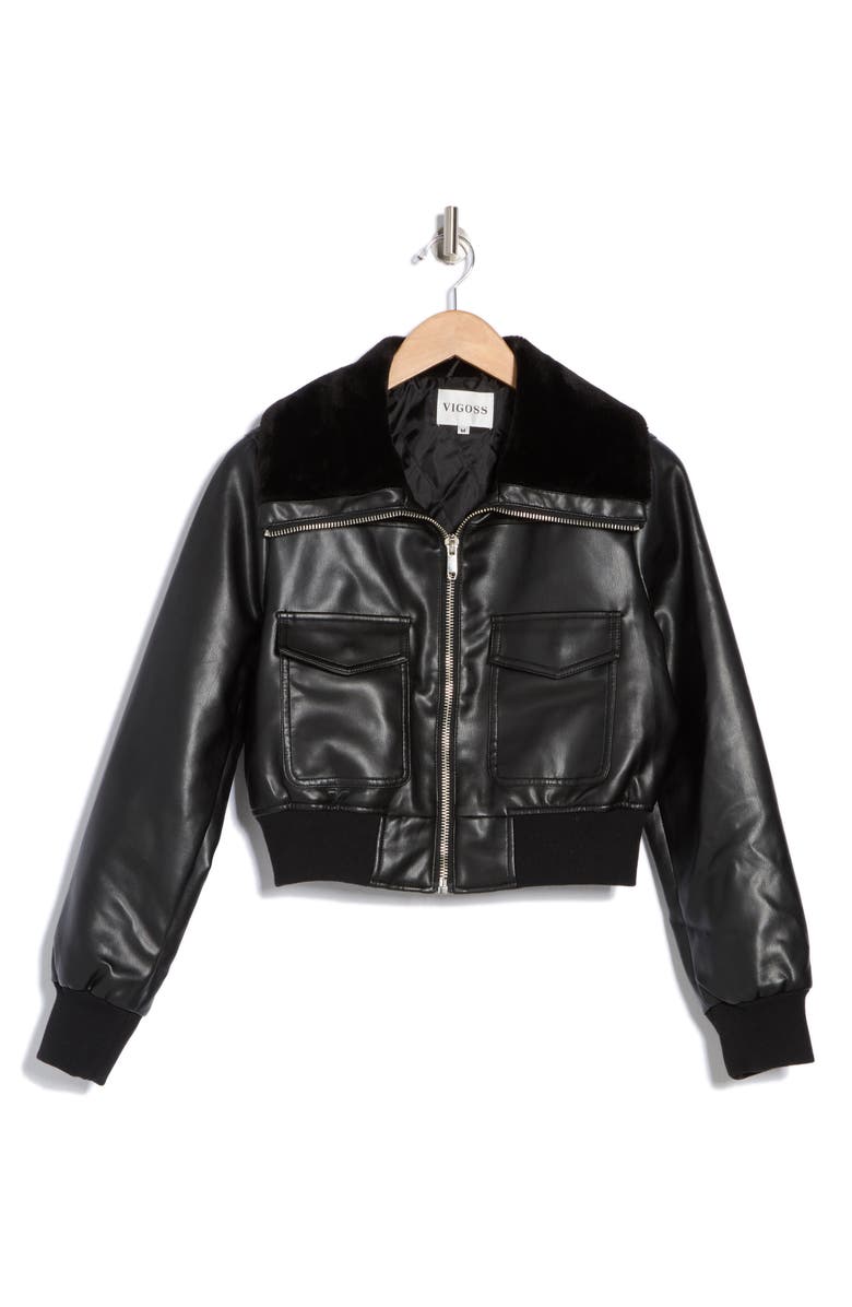 Vigoss Faux Fur Collared Faux Leather Dad Bomber Jacket, Alternate, color,