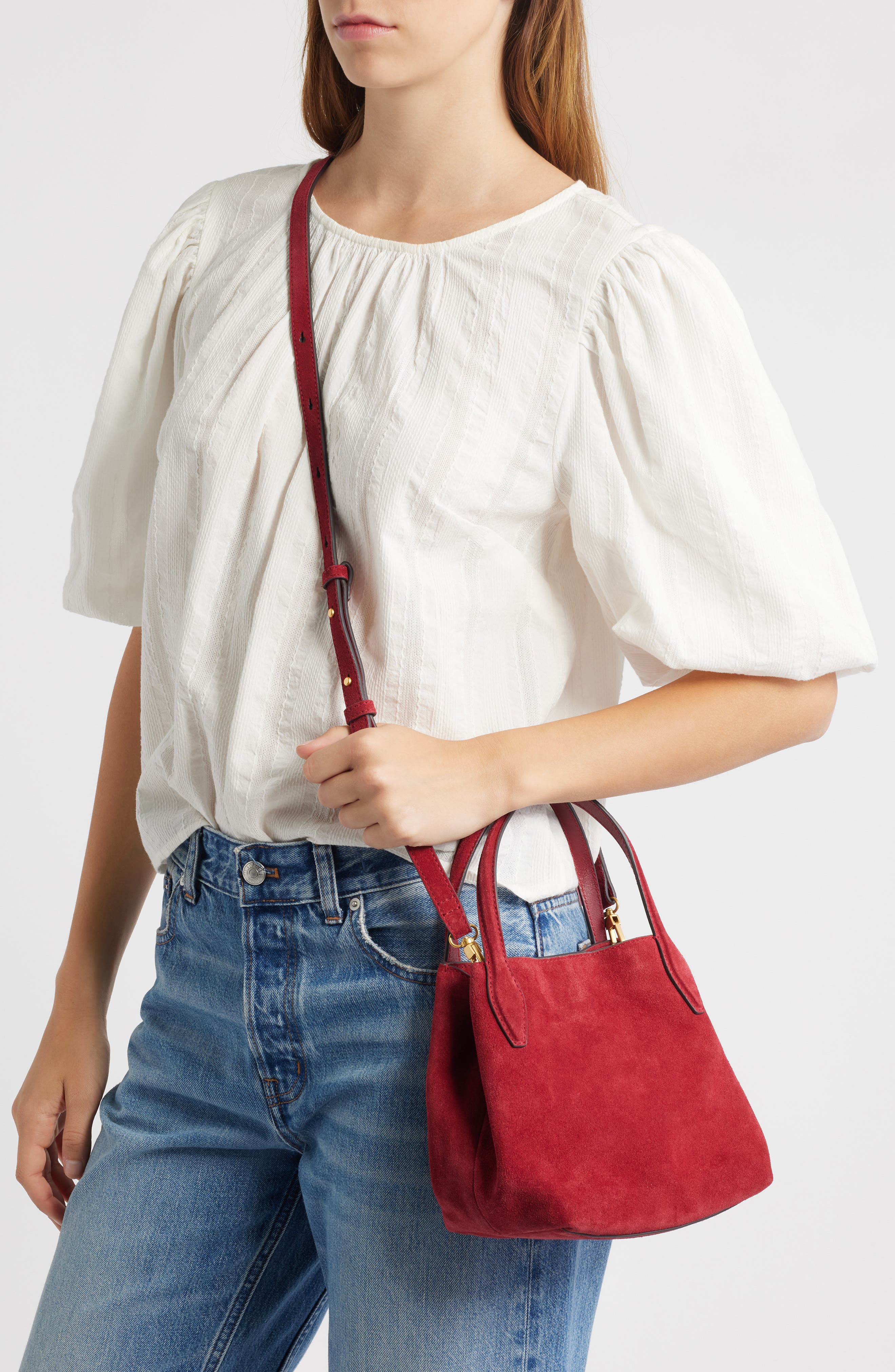 Madewell The Mini Suede Shopper Tote, Alternate, color, Wild Cranberry