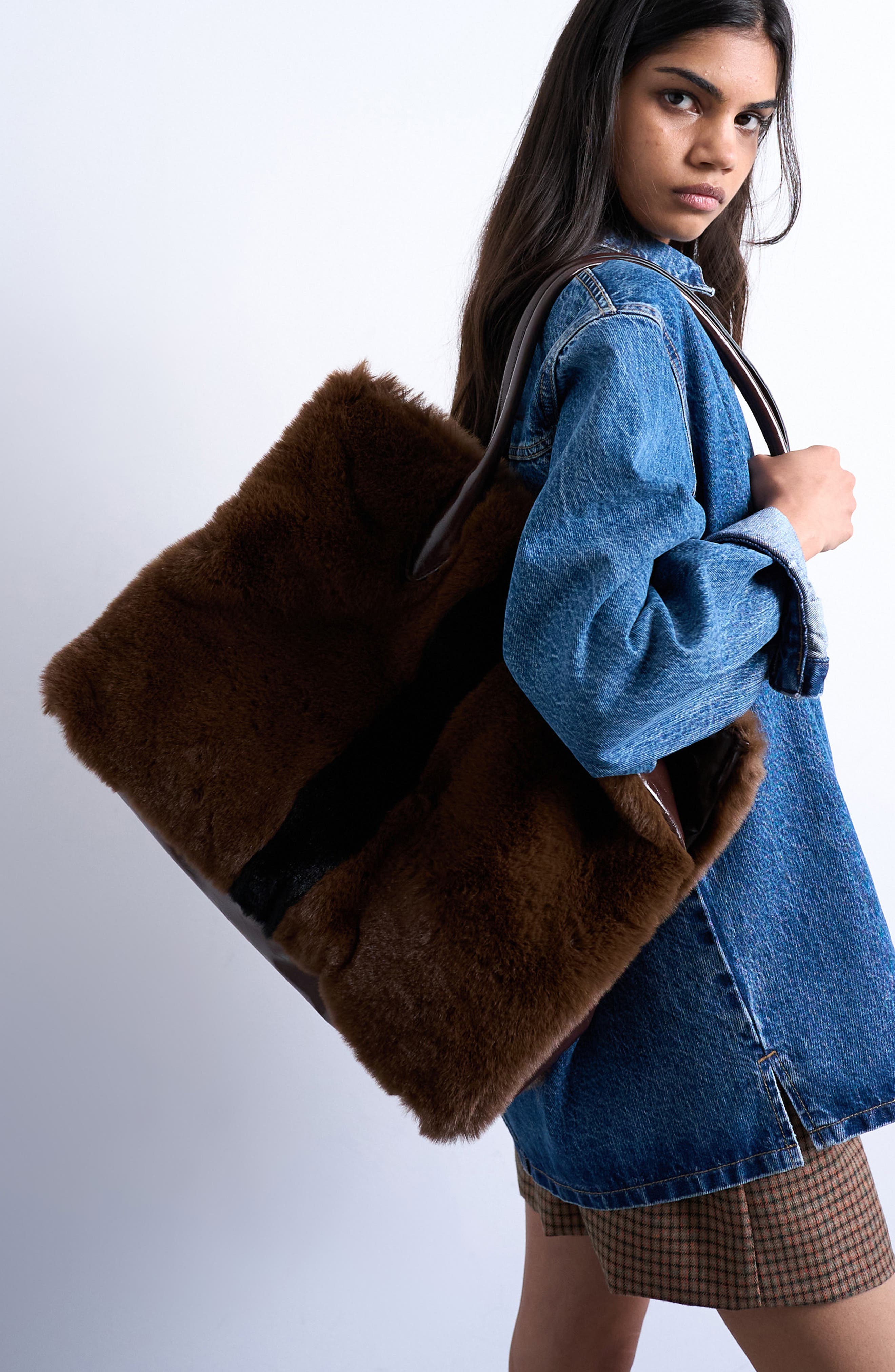 Topshop Faux Fur Tote, Main, color, Brown