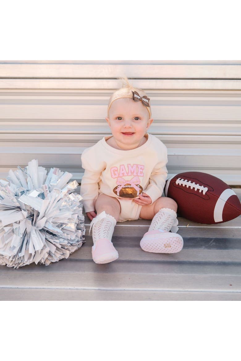 Game Day Sequin Patch Long Sleeve Romper, Alternate, color, Natural Heather