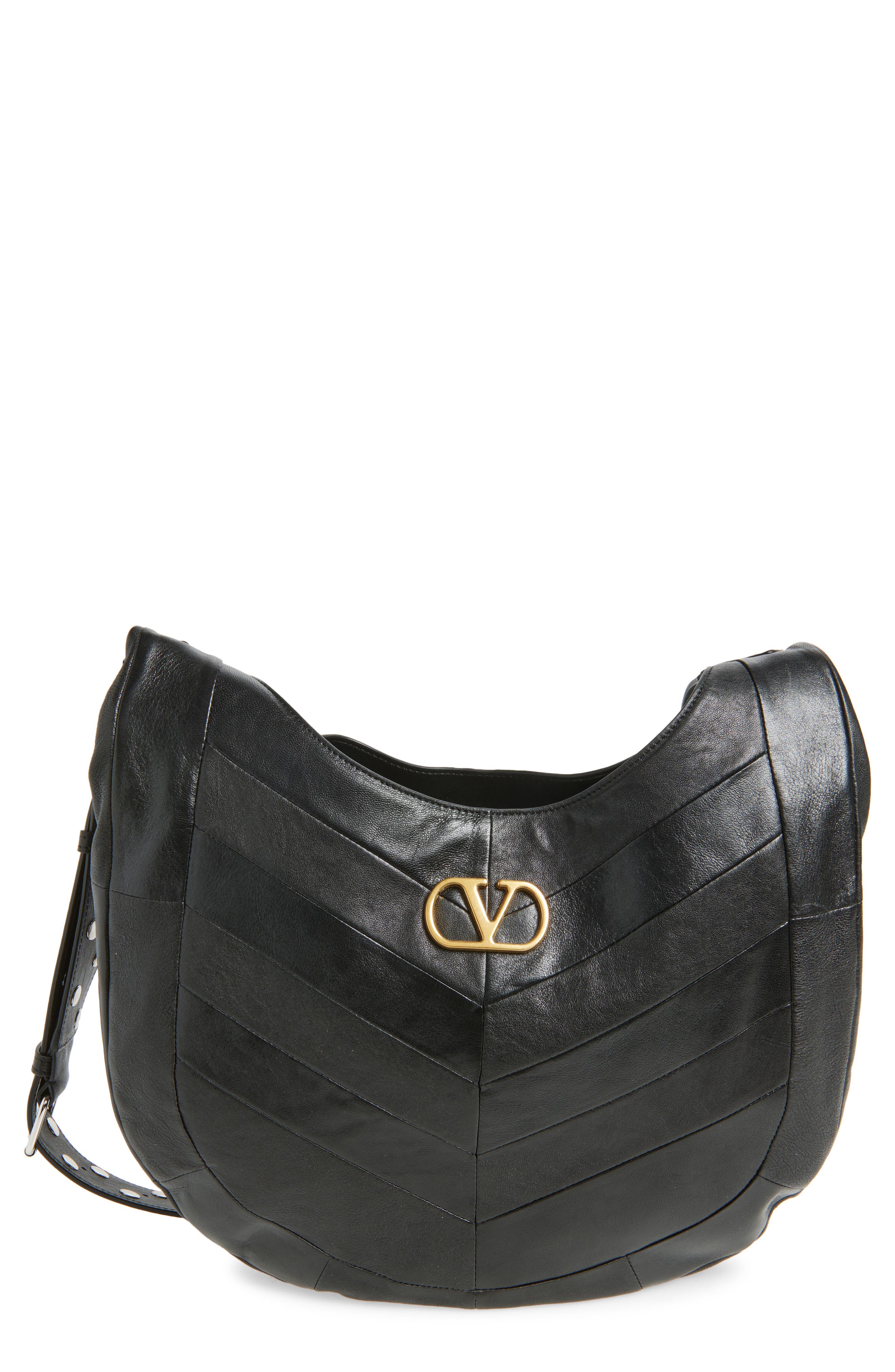 Valentino Garavani Small Hoboho Patchwork Leather Hobo Bag, Main, color, Black