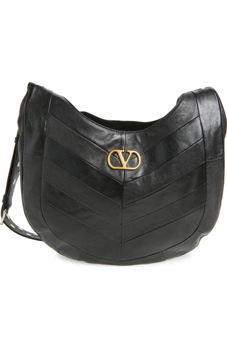 Valentino Garavani Small Hoboho Patchwork Leather Hobo Bag, Main, color, Black