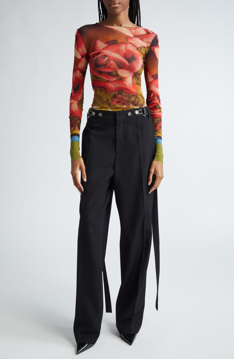 Jean Paul Gaultier Rose Print Long Sleeve Mesh Top, Alternate, color,
