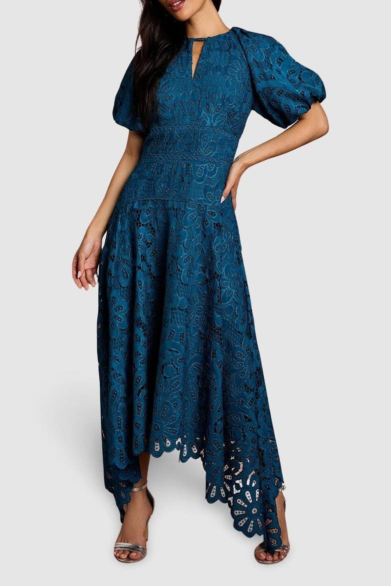 Lace Hanky Hem Puff Sleeve Dress, Alternate, color, Teal