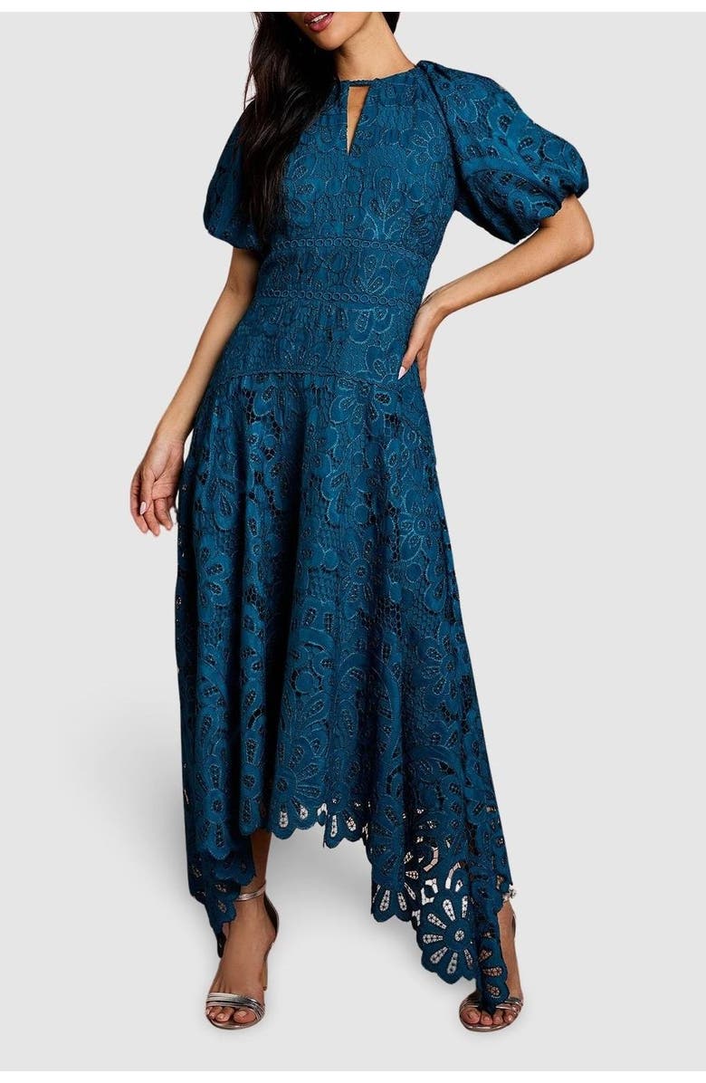 Coast Lace Hanky Hem Puff Sleeve Dress, Alternate, color, Teal