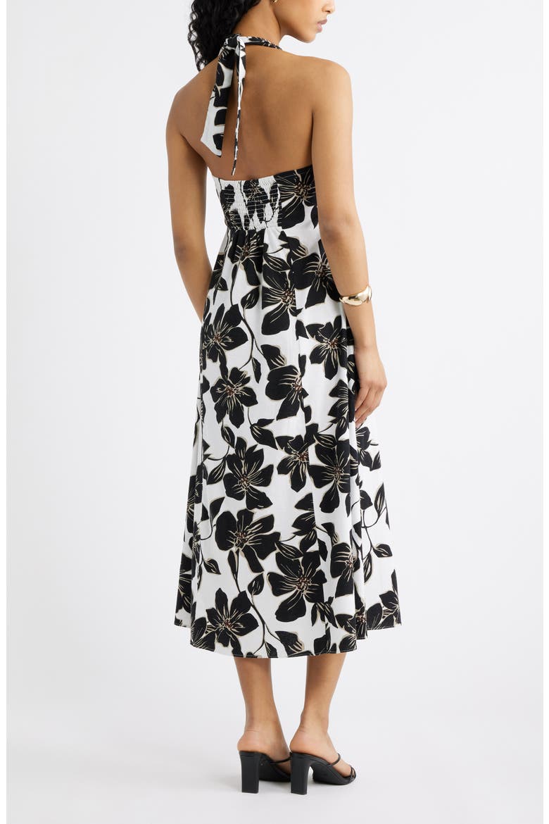 Linen Blend Halter Midi Dress, Alternate, color, WHITE- BLACK TROP BLOOM