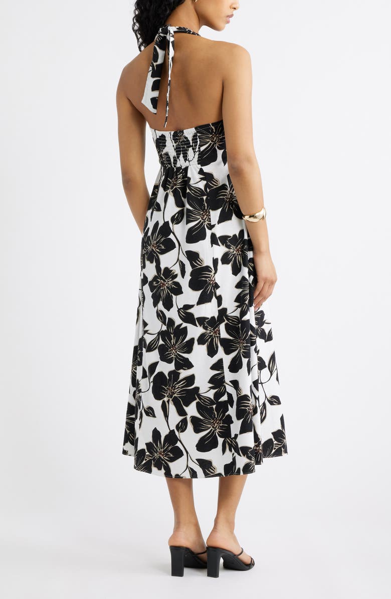 Open Edit Linen Blend Halter Midi Dress, Alternate, color, White- Black Trop Bloom