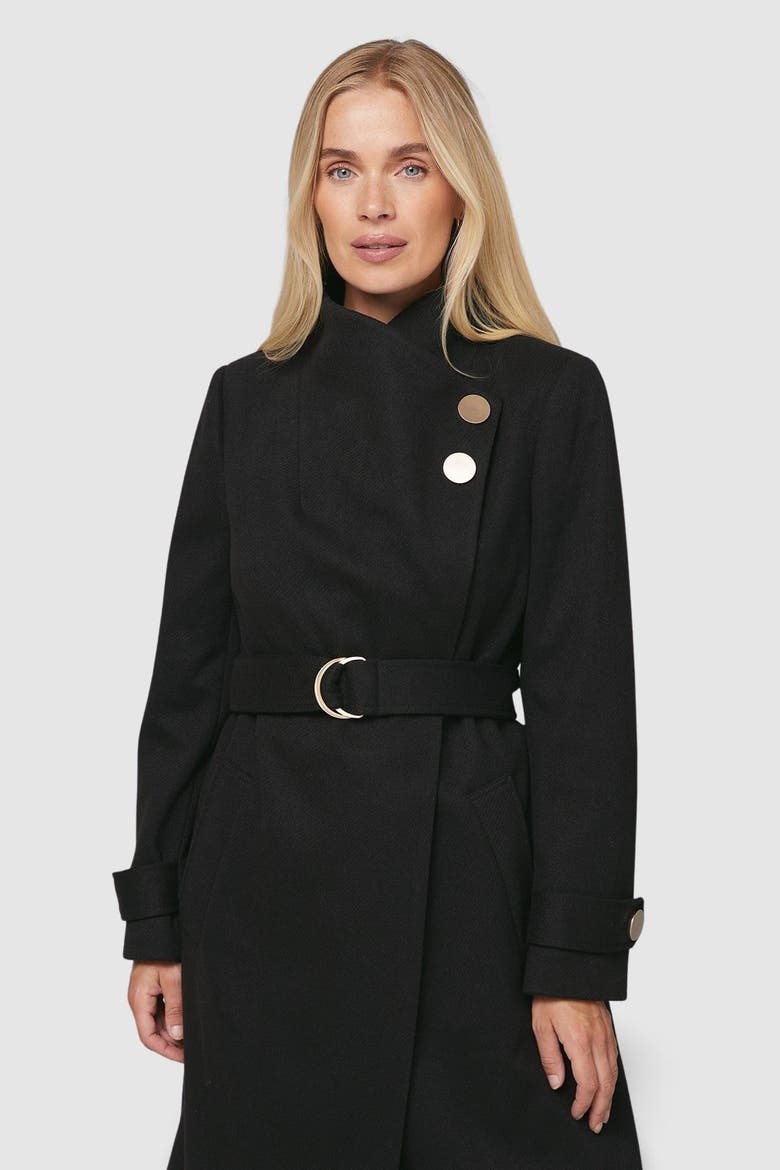 Petite Funnel Neck Tie Belt Coat, Alternate, color, Black