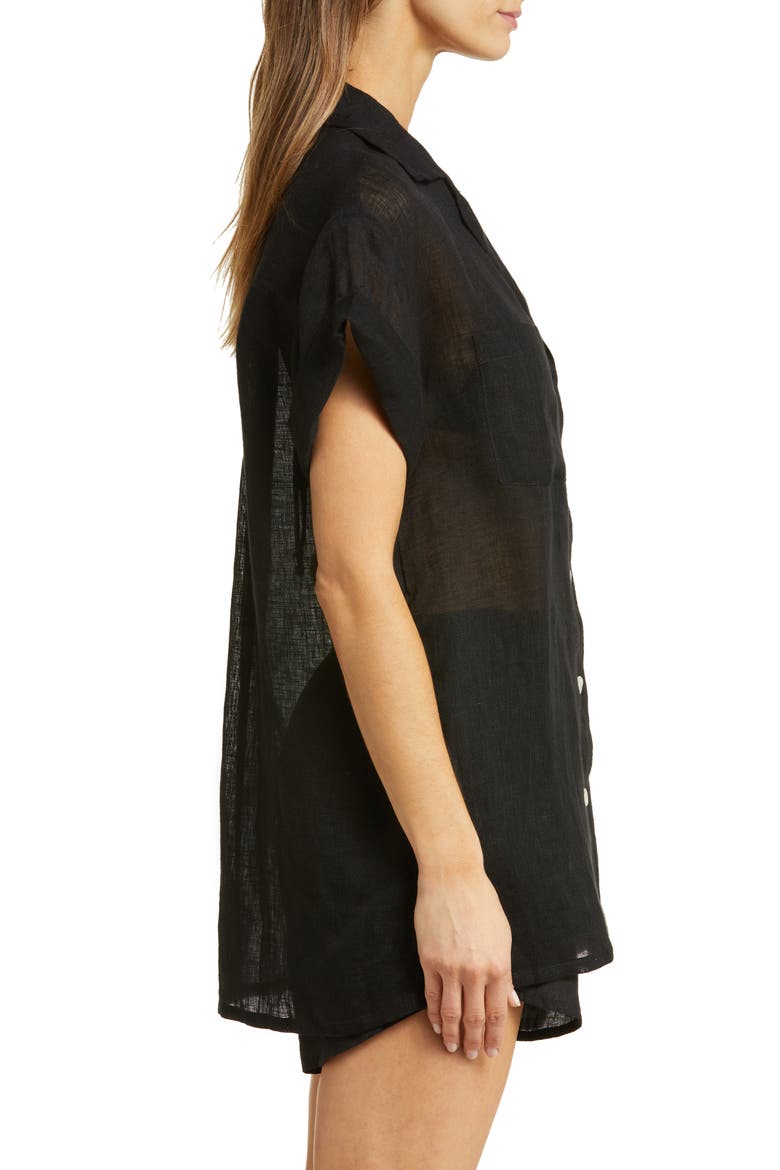 Playa Pocket Linen Cover-Up Button-Up Shirt, Alternate, color, BLACK ECO LINEN