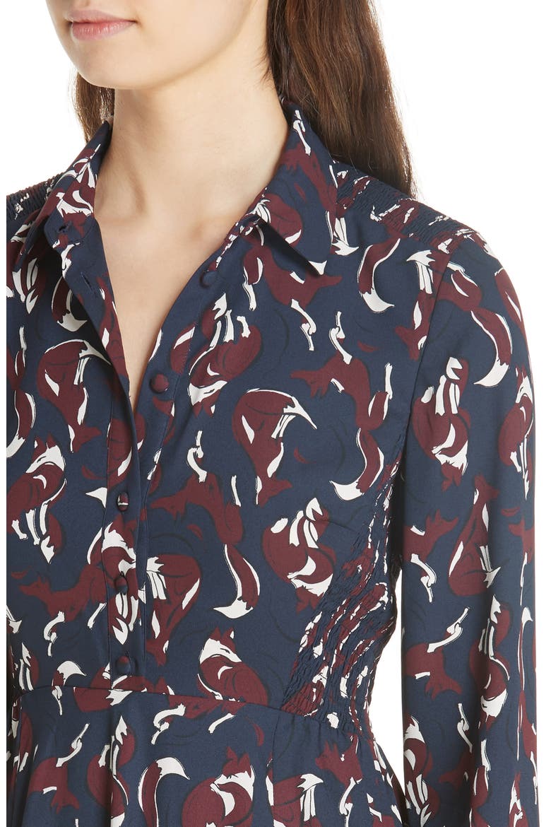 kate spade new york foxes smocked shirtdress, Alternate, color, VOYAGE BLUE
