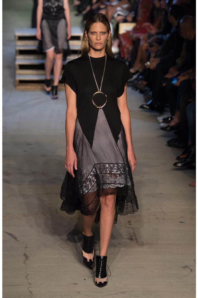 Lace Trim Jersey & Chiffon Tunic, Alternate, color, BLACK