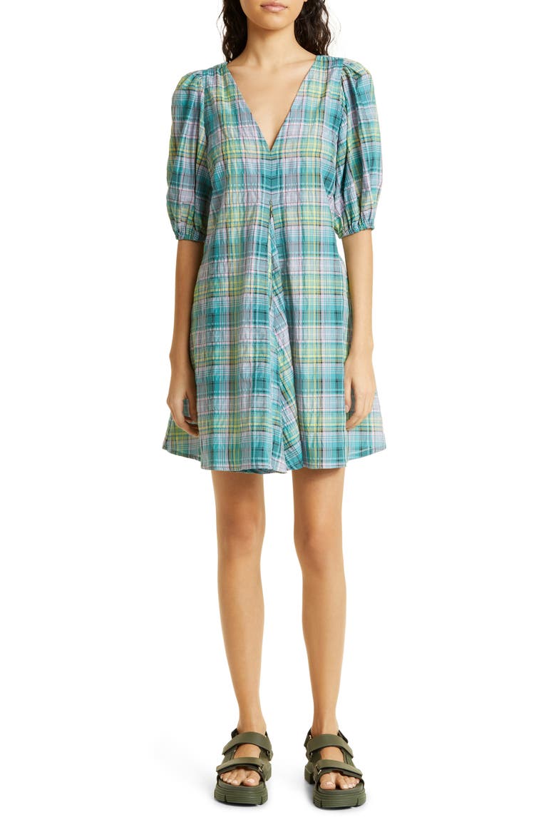 Plaid Check Organic Cotton Blend Seersucker Dress, Main, color, LAGOON