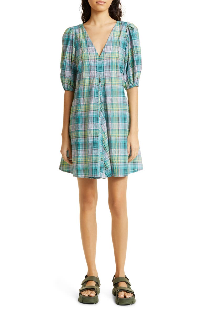 Ganni Plaid Check Organic Cotton Blend Seersucker Dress, Main, color,