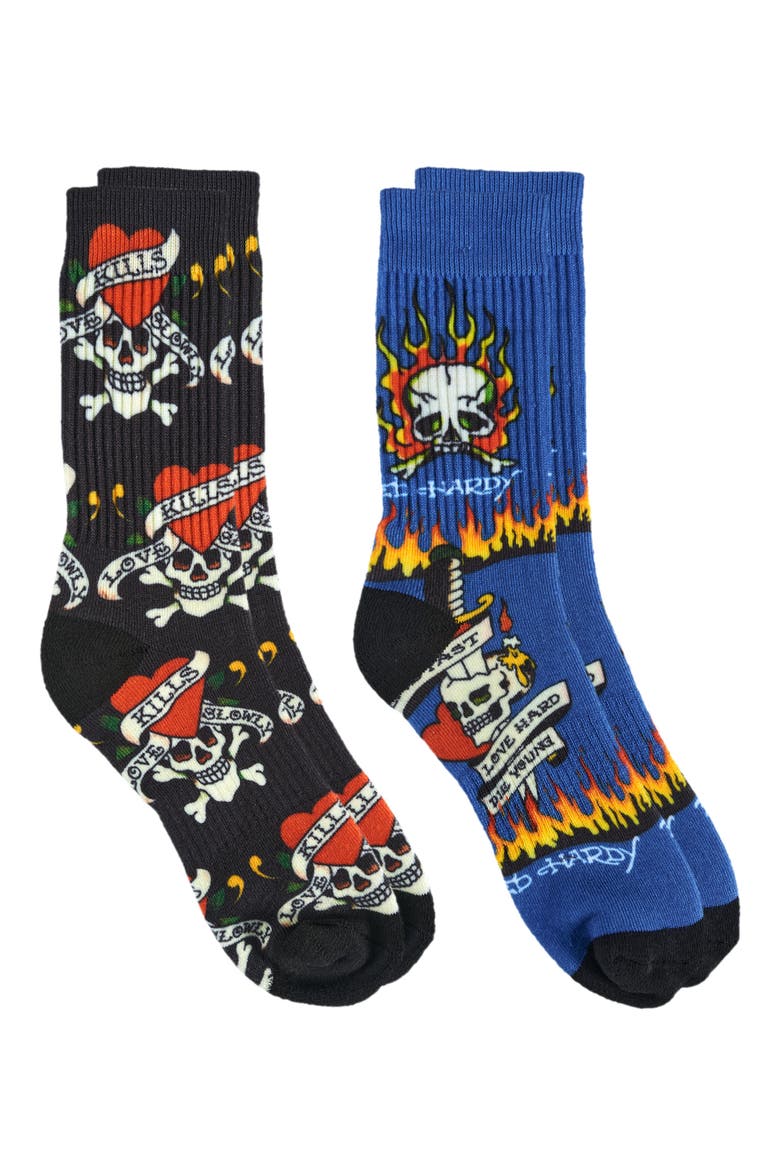Flaming Skull 360 Print Full Cushion Crew Sock 2-Pack, Alternate, color, Blue