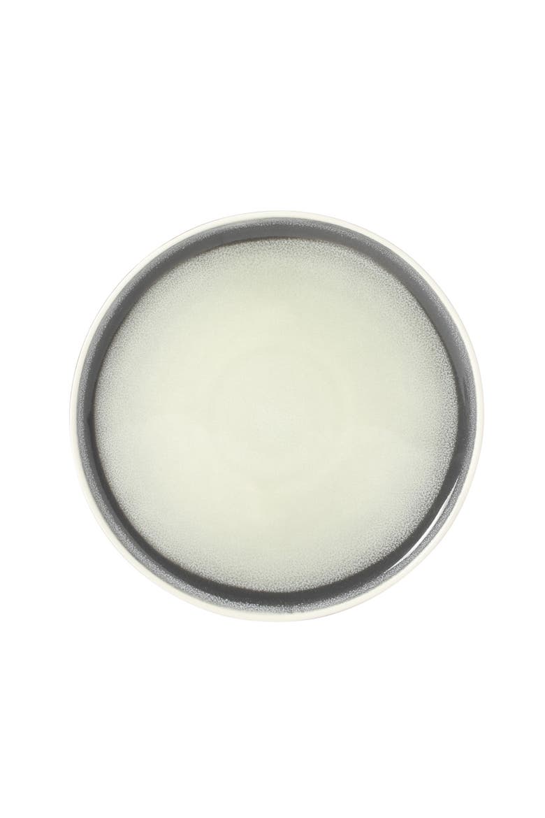 Island Bay New Bone China Dinnerware Set, Reactive Glaze Plates and Bowls, Alternate, color, Ash with Black Rim