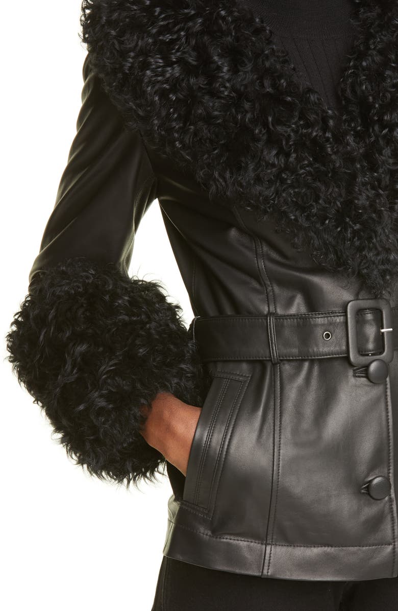 Saks Potts Genuine Shearling Trim Short Leather Jacket, Alternate, color,