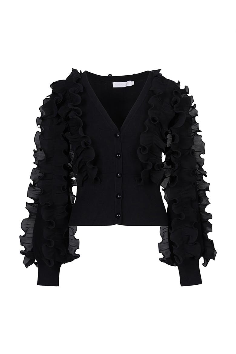 Women's  Ciline Black Long Sleeve Ruffle Cardigan, Alternate, color, Black