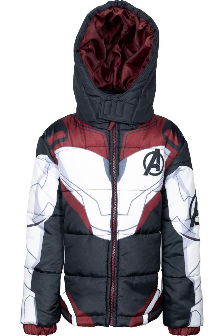 Avengers Hooded Zip-Up Puffer Jacket, Main, color, Dark Grey White Red
