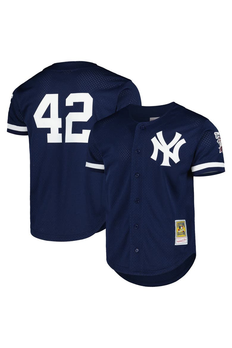 Men's Mitchell & Ness Mariano Rivera Navy New York Yankees Cooperstown Collection Mesh Batting Practice Button-Up Jersey, Main, color, Navy