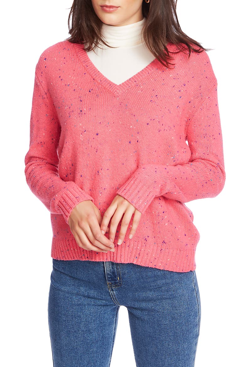 Nep Flecked V-Neck Sweater, Main, color, VIVID PINK