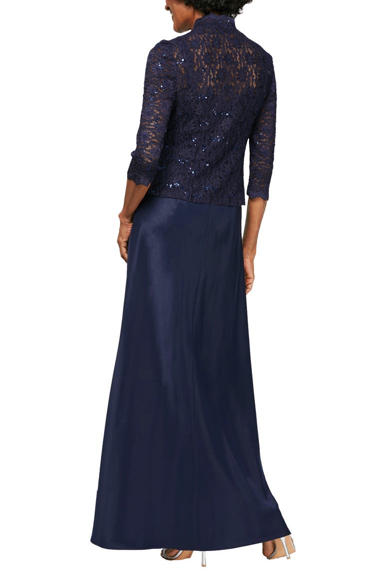 Sequin Lace & Satin Gown with Jacket, Alternate, color, MIDNIGHT