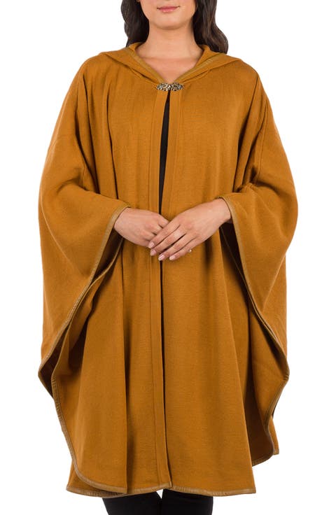 Hooded Faux Leather Trim Cable Knit Cape