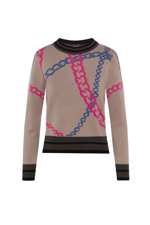 Chain Motif Striped Trim Long Sleeve Sweater
