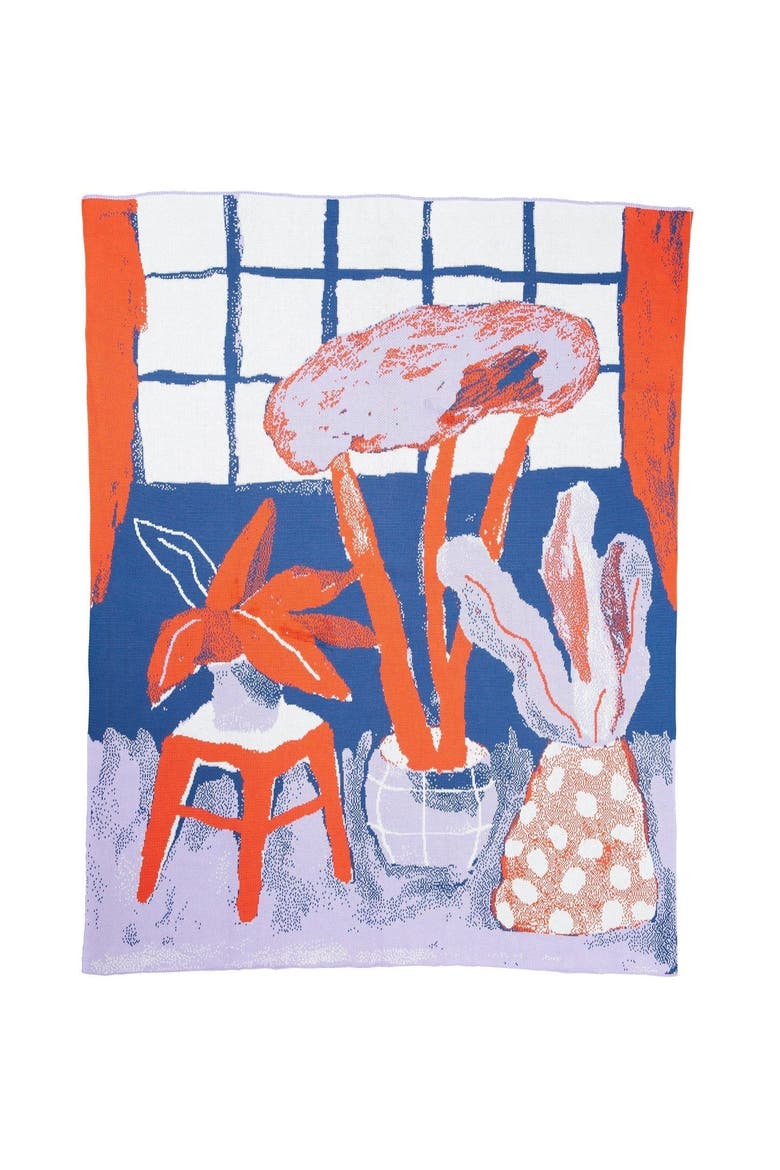House Plants Knit Throw Blanket, Main, color, Blue Night