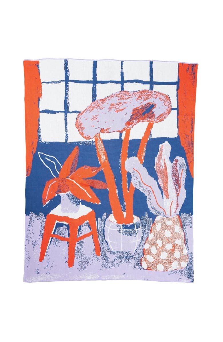 Biquette House Plants Knit Throw Blanket, Main, color, Blue Night