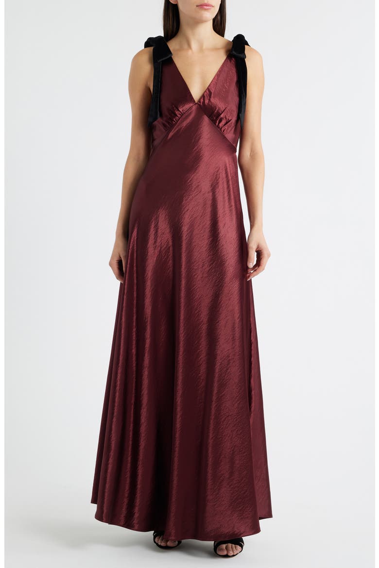 Holly Velvet Tie Hammered Satin Gown, Main, color, BURGUNDY