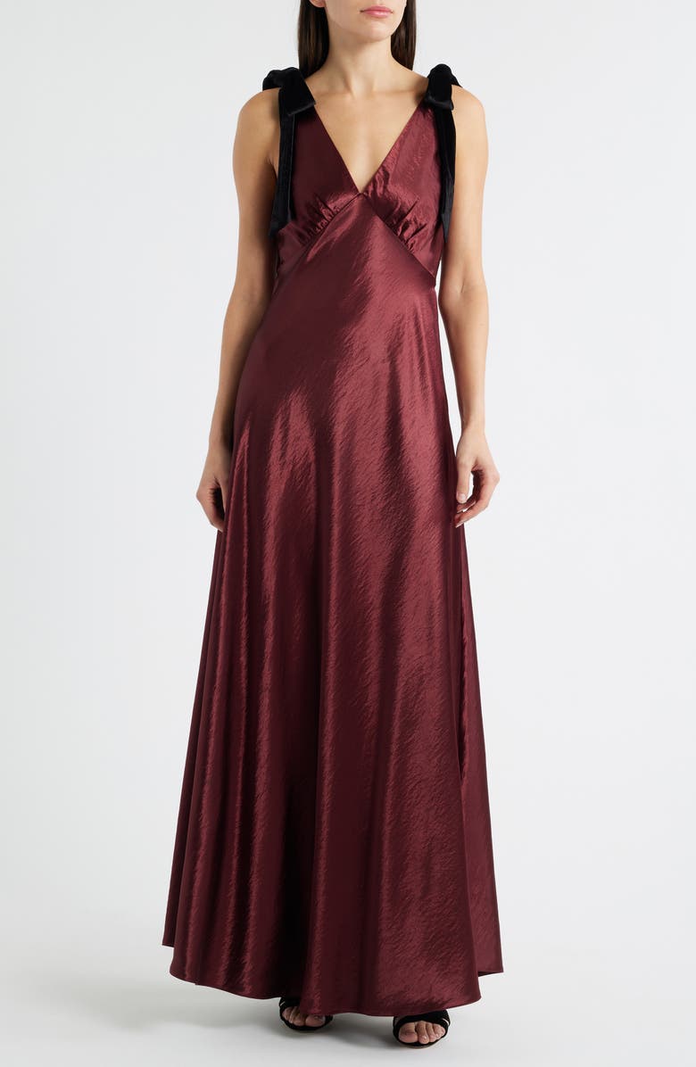Lucy Paris Holly Velvet Tie Hammered Satin Gown, Main, color, Burgundy
